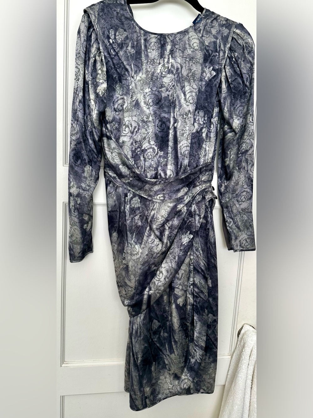 Vintage Emanuel Ungaro Long-Sleeve Draped Floral Midi Dress - Gray